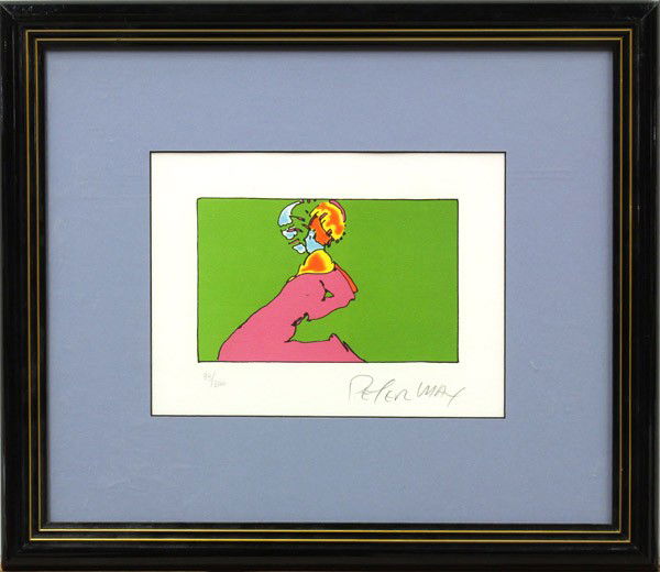 Lithograph, Peter Max. Psychedelic Figure: Framed lithograph, Psychedelic Figure, c. 1970, by Peter Max (American, b. 1937), pencil signed ''Peter Max'' lower right, pencil numbered edition of 300 lower left, image: 4.25''h x 7''w, overall: 15