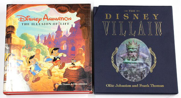 Johnson & Thomas, signed Disney books: (lot of 2) Two associated autographed Disney books, including The Disney Villain, signed by Ollie Johnston and Frank Thomas, edition No. 902, includes a 12'' film strip from Snow White, together with 
