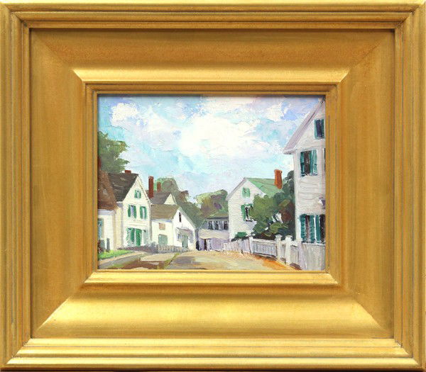 Painting, Nell Walker Warner: Framed oil on canvas board, ''New England Street,'' by Nell Walker Warner (American, 1891-1970), signed ''Nell Walker Warner'' lower right, title inscribed in pencil verso, circa 1920s, canvas board:
