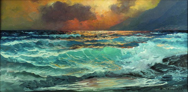 Painting, Alexander Dzigurski: Framed oil on canvas, Sunset Waves, by Alexander Dzigurski (Californian, 1911-1995), signed ''A. Dzigurski'' lower right, canvas: 15.5''h x 30''w, overall: 23.25''h x 38.5''w