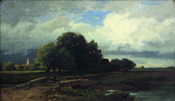 Painting, William Keith, Santa Barbara: Framed oil on canvas, View of Santa Barbara, by William Keith (Californian, 1838-1911), canvas: 10.25''h x 17''w, overall: 15''h x 22''w. Provenance: Taylor B. Williams Antiques, Chicago, Illinois; Ma