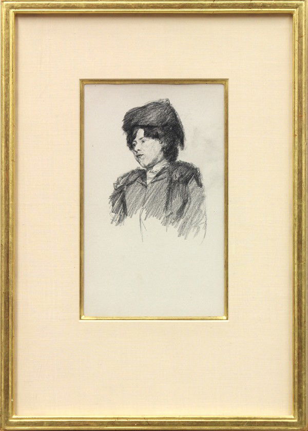Charcoal, attrib. Eanger Irving Couse: Framed charcoal, Young Woman in Profile, attributed to Eanger Irving Crouse (French/American, 1866-1936), estate stamped verso, sight: 11.5''h x 7''w, overall: 21.25''h x 15.25''w