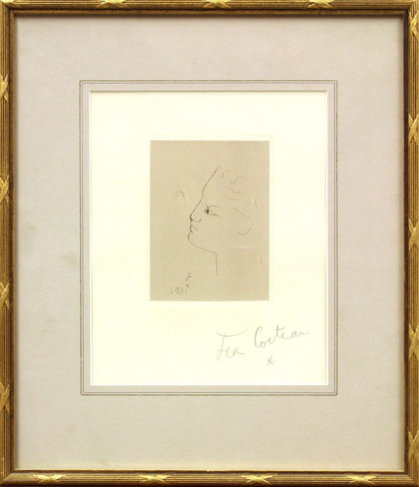 Etching, Jean Cocteau, Profile: Framed etching, Profile, by Jean Cocteau (French, 1889-1963), pencil signed ''Jean Cocteau'' lower right, also initialed within plate, image: 4.75''h x 3.25''w, overall: 13.5''h x 11.5''w
