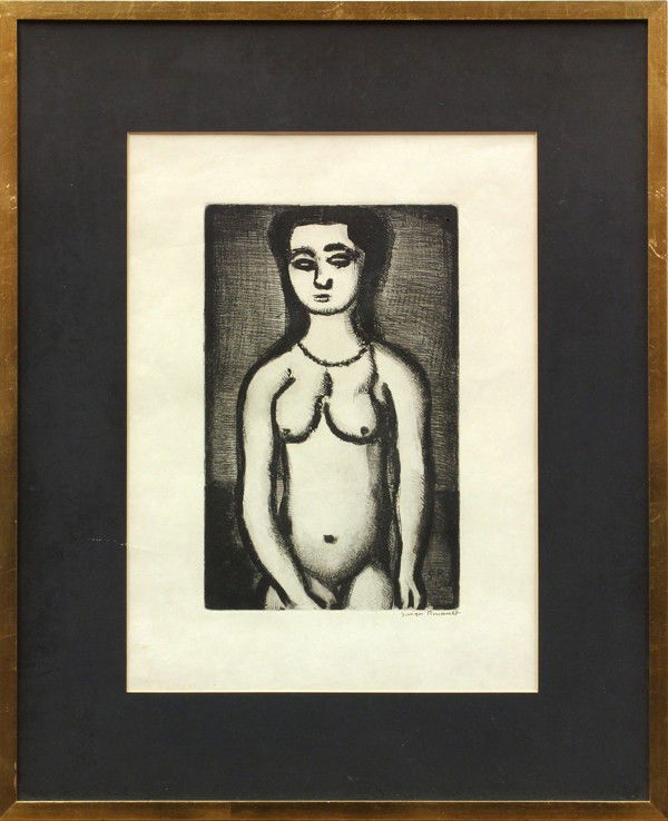 Etching, George Rouault, Pierre Ubu: Framed etching, ''Nu'' from Reincarnations of Pierre Ubu, 1928, by Georges Rouault (French, 1871-1958), initialed and signed within plate, signed in ink ''Georges Rouault'' lower right, image: 10.5''h