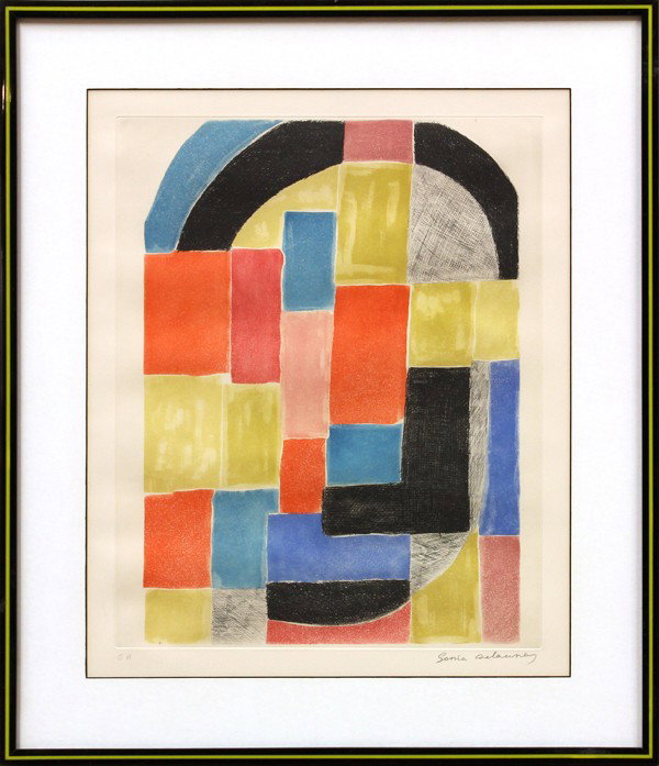 Etching, Sonia Delaunay, Composition: Framed color etching with aquatint, Composition, by Sonia Delaunay-Terk (French, 1885-1979), pencil signed ''Sonia Delaunay'' lower right, inscribed ''E.A.'' lower left, image: 19.5''h x 15.5''w, over
