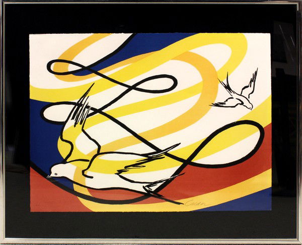 Lithograph, Alexander Calder, Birds in Flight: Framed lithograph, ''Birds in Flight,'' after Alexander Calder (American, 1898-1976), bears signature lower right, inscribed ''E.A.'' lower left, sight: 27''h x 36.5''w, overall: 36.5''h x 45.5''w. No