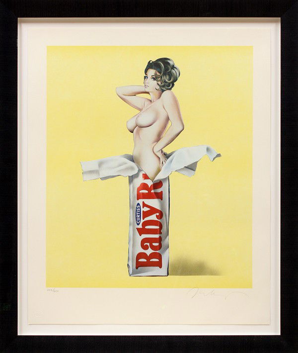 Print, Mel Ramos, Baby Ruth: Framed print, ''Baby Ruth,'' by Mel Ramos (Californian, b. 1935), pencil signed lower right, pencil numbered edition of 250 lower left, bears publisher blindstamp lower left, paper: 24''h x 20''w, ove
