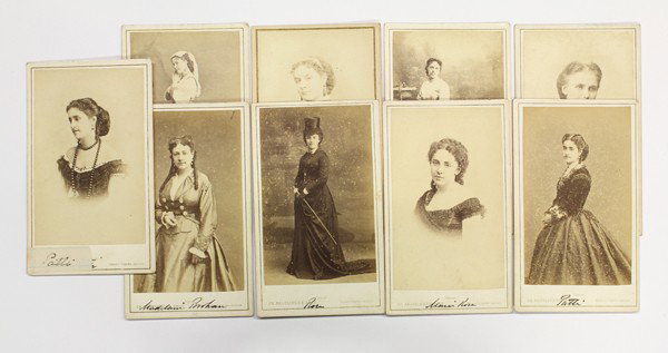 Cartes de visite, European Opera Singers: (lot of 9) Cartes de visite by Reutlinger, depicting European opera singers and actresses including: Christina Nilsson, Countess de Casa Miranda (1843-1921), Swedish operatic soprano (note: was a peas