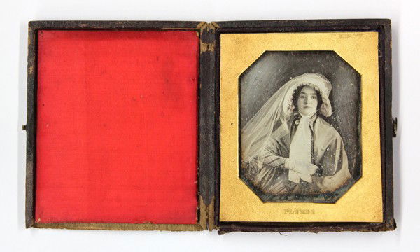 Daguerreotype, Plumbe, Portrait of a Woman: Cased sixth plate daguerreotype with coloration, Young Girl in Bonnet, c. 1845, by Plumbe Studios, Philadelphia, Pennsylvania (John Plumbe, American, 1809-1857), gold octagonal mat stamped ''Plumbe,''