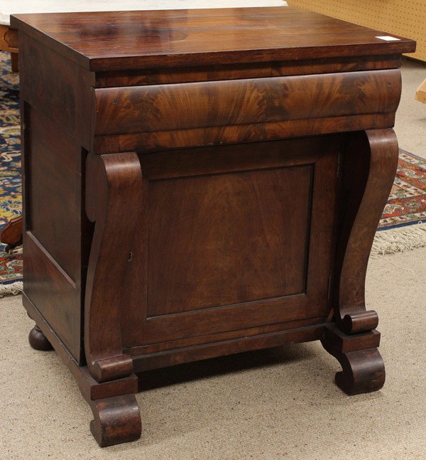 Empire work table: Empire mahogany work table circa 1830, the rectangular top above a flame mahogany single drawer having swan form supports centering the single door and rising on inswept feet, 29''h x 26''w x 19''d