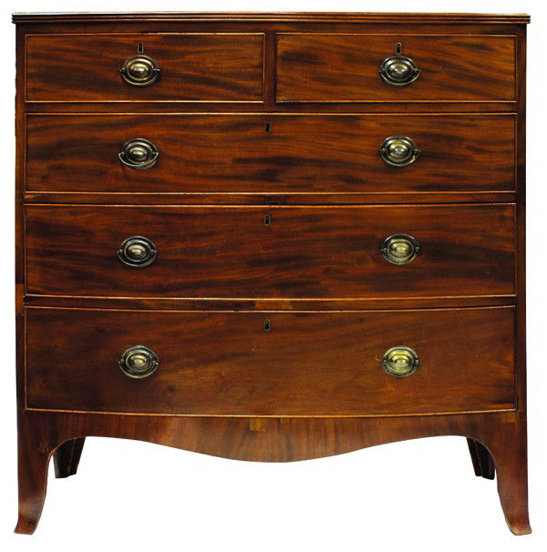 Regency style chest of drawers: Regency style chest of drawers circa 1870, the bow front having five graduated drawers with later oval pulls and rising on outswept French feet, 42''h x 41''w x 21''d