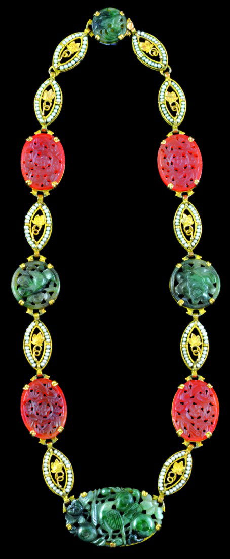Vintage carved jade carnelian yellow gold necklac: Vintage, carved jade and carnelian linked collar necklace; of 14k yellow gold, each spaced between a foliate detailed, threaded pearl, yellow gold navette link frame. Total necklace weight 39.9 grams.