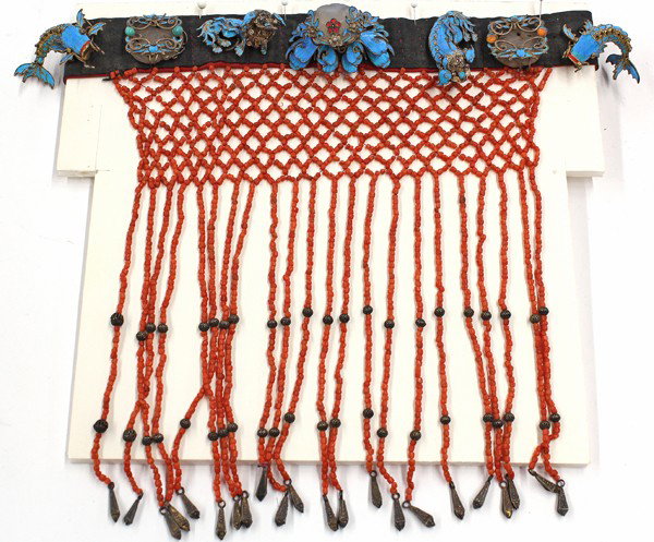 Chinese Kingfisher Feather and Bead Headdress: Chinese woman's headdress with kingfisher feathers and beads, centered by a peony blossom with kingfisher feather accented petals supporting a translucent hardstone center framed by a halo of small fl