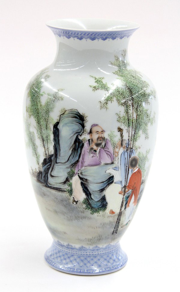 Chinese Enameled Porcelain Vase, Wang Dafan: Chinese polychrome enamel decorated porcelain baluster vase, early 20th century, the waisted neck and ovoid body finely painted in bright overglaze enamels with two scholars and an attendant in a bamb