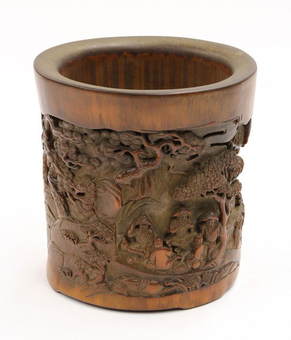 Chinese Bamboo Brush Pot: Chinese cylindrical bamboo brush pot, carved with boats on a river including a mother and child nestled on a deck and a small gathering of fishermen seated on the bank, entitled 'yujiale' (joy of a fi