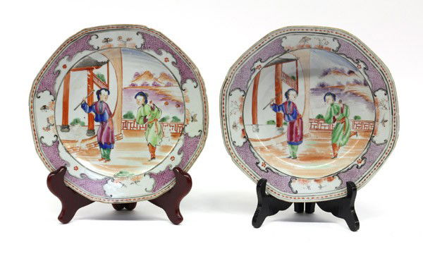 Chinese Export Enamel Figural Soup Bowl/Underdish: (Lot of 2) Chinese export enameled porcelain soup bowl and underdish, each well decorated with a pair of musicians including a lady with a flute and a maiden in green robes holding clappers in her han