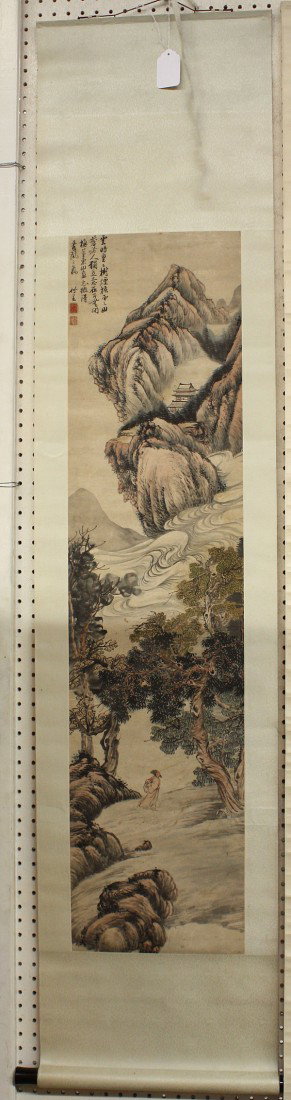 Chinese Scroll, Dong Bangda (after), Landscape: Chinese hanging scroll, ink and color on paper, Scholar in Landscape, after Dong Bangda (Chinese, 1699-1769), the upper left with a poetic colophon and bearing the signature 'Dong Dongshan', with two