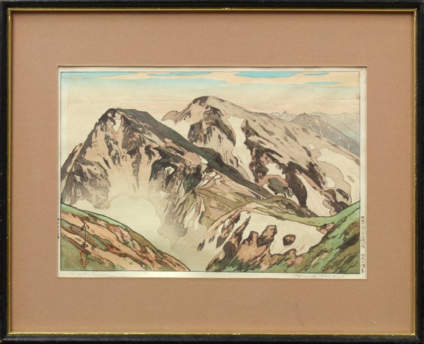 Japanese Modern Print, Hiroshi Yoshida: Framed Japanese modern woodblock print, Hakubazan [in English] and Hakuba sancho yori (From the the Summit of Hakuba Mountain) [in Japanese], from the Twelve Scenes of the Japanese Alps, dated Taisho 