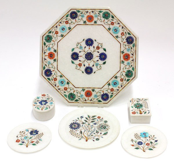 Pietra Dura group: (lot of 6) Pietra Dura style table articles including an octagonal tray, three plates, oblong and oval covered containers, largest: 12''