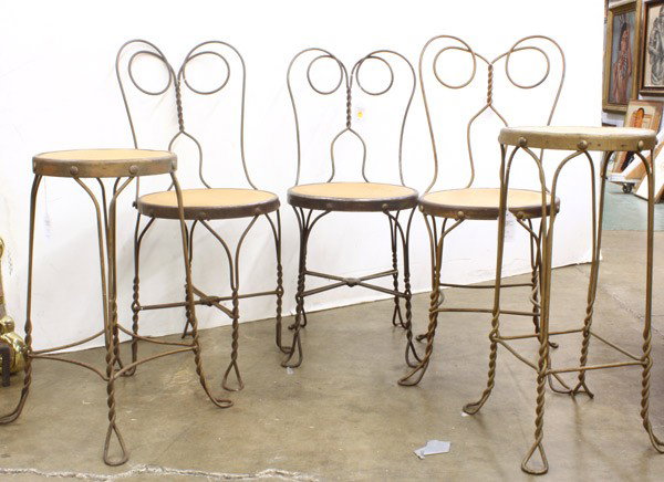 Ice cream parlor chairs and stools: (lot of 5) Three ice cream parlor chairs and two stools with pressed seats