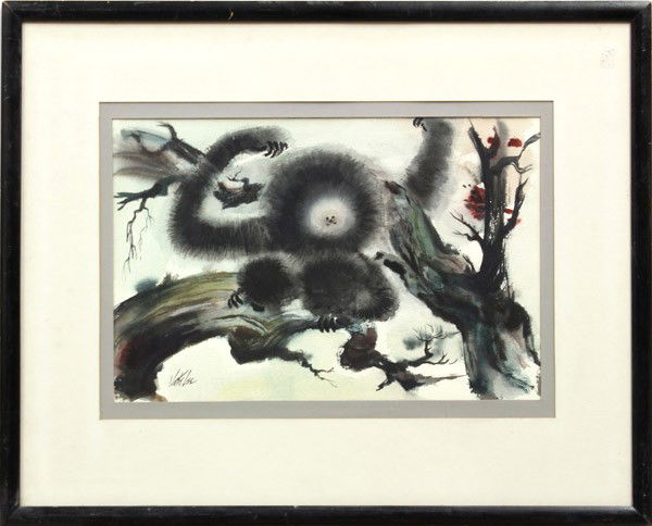 Watercolor, Jake Lee, Monkey in a Tree: Framed watercolor, Monkey in a Tree, by Jake Lee (Californian, 1915-1991), signed ''Jake Lee'' lower left, sight: 13.75''h x 20.75''w, overall: 25.75''h x 31.5''w