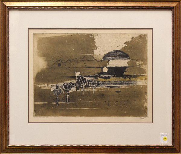 Etching, Johnny Friedlander: Framed etching/aquatint, ''October - Color State II,'' by Johnny Friedlander (French, 1912-1992), signed in pencil lower right, titled in pencil lower left, edition 18/25, overall: 28.75''h x 34.25''w
