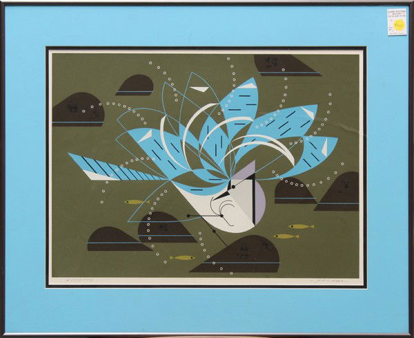 Serigraphs, Charley Harper, Fish and Birds: (lot of 3) Framed serigraphs, ''Piscine Queues,'' Fighting for Fish, and Blue Feathered Beauty, by Charley Harper (American, 1922-2007), each pencil signed lower right and numbered lower left, largest