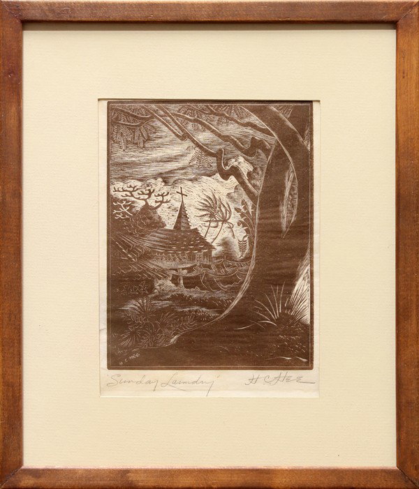 Print, Hon Chew Hee: Framed wood engraving, ''Sunday Laundry,'' 1947, by Hon Chew Hee (Californian, 1906-1992), signed in pencil lower right, titled in pencil lower left, overall: 14.5''h x 12.5''w
