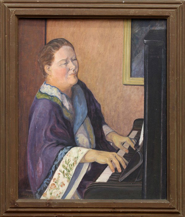 Painting, Hazel Salmi, Portrait: Framed oil on board, Portrait of Woman in Purple, by Hazel Salmi (Californian, 1893-1986), signed lower left, exhibition label verso, overall: 28''h x 24''w. Note: Salmi was the founder of the Richmon