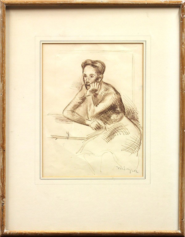 Drawing, Moses Soyer, Portrait of Woman: Framed ink drawing, Portrait of a Woman Thinking, by Moses Soyer (American, 1899-1975), signed ''M. Soyer'' lower right, overall: 20''h x 15.75''w