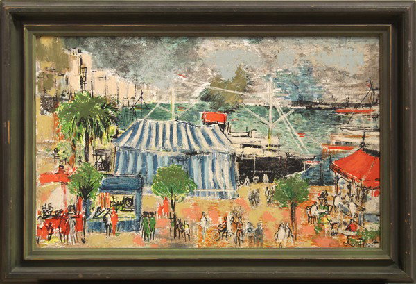 Painting, Jose Luis Rodero: Framed oil on canvas, ''Afternoon on the Circus,'' by Jose Luis Rodero (Spanish, 1901-2001), signed lower right, artist title label affixed verso, canvas: 15.25''h x 24''w, overall: 19.5''h x 28.75''w