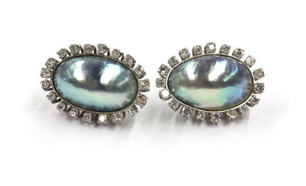 Abalone blister pearl diamond white gold earrings: Abalone blister mabe cultured pearl and diamond accented earrings; of white gold (test) 14k, set with (18) single and (21) round full cut diamond accents weighing in total approximately 2.32 cts. Tota