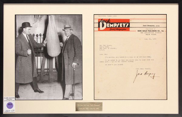 Jack dempsey signed letter: Jack Dempsey, autographed letter March 31, 1938, on Jack Dempsey's sport magazine letterhead, Note: content of the letter refers to golden gloves, together with an associated photograph of Jack Dempse