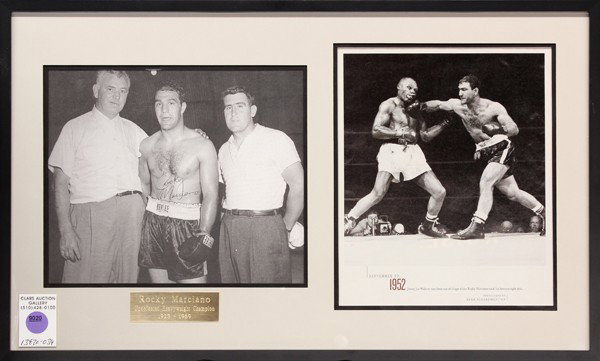 Rocky Marciano autographed photograph: Rocky Marciano autographed photograph, the undefeated heavyweight champion, together with an associated image of Marciano punching Jerry Joe Walcott, sight 7.25'' x 8.5'', frame 12.25'' x 20.25''