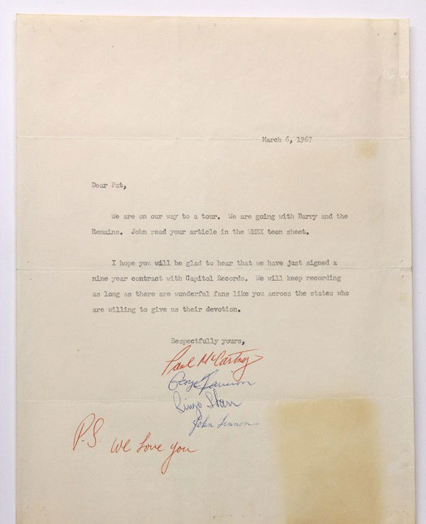 Signed letter, possibly Beatles, 1967: Signed typewritten letter, March 6, 1967, possibly signed and autographed by all four Beatles, Paul McCartney, George Harrison, Ringo Starr, and John Lennon, addressed to Pat, the author of WHEX teen