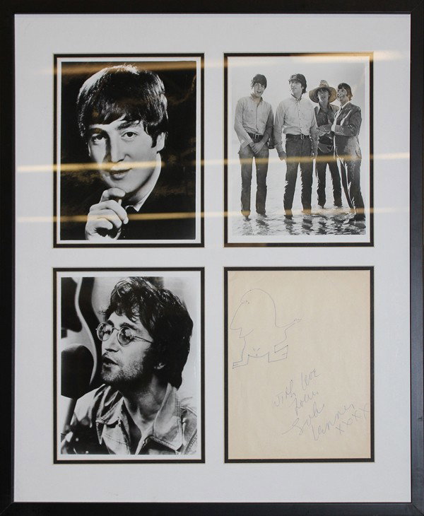 John Lennon drawing and autograph: Framed John Lennon ink drawing and autograph, together with three associated photographs, two of John Lennon, and one of the Beatles, the drawing has an inscription below: ''with love ... Lennon xxxx'