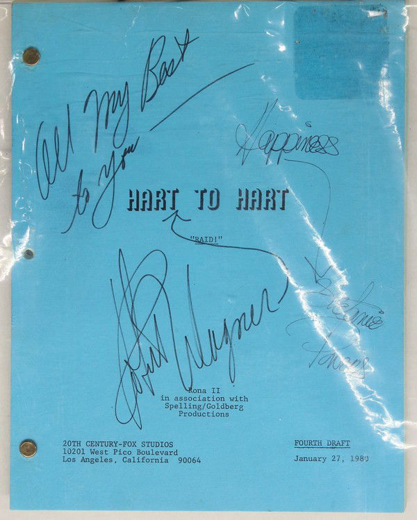 Autographed Hart To Hart TV script: Autographed Hart To Hart television script, titled ''Raid!'', fourth draft, January 27, 1980, Spelling Goldberg Production, 20th Century-Fox Studios, signed by Robert Wagner and Stefanie Powers, 11''