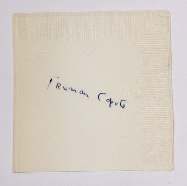 Truman Copote autographed napkin: Truman Copote, autographed napkin, sight folded: 5'' x 5''