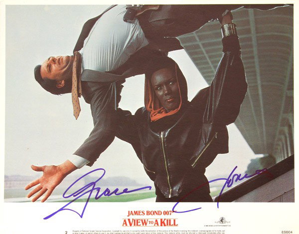 Hollywood autographed lobby cards: (lot of 10) Associated movie star autographed lobby cards, including A View to a Kill, signed by Grace Jones; The Man With The Golden Gun, signed by Roger Moore and Christopher Lee; The Venetian affai