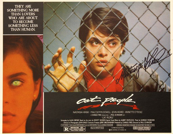 Hollywood autographed lobby cards: (lot of 10) Associated movie star autographed lobby cards, including Cat's Eye, signed by Drew Barrymore; Predator 2, signed by Danny Glover; Cat People, signed by Natassia Kinski; Fright Night, signe