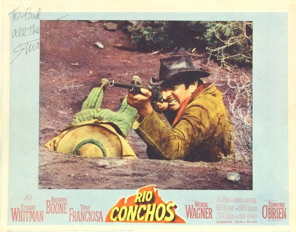 Hollywood autographed lobby cards: (lot of 10) Associated movie star autographed lobby cards, including Death Rides A Horse, signed by John Phillip Law; The Ride Back, signed by Anthony Quinn; Last of the Badmen, signed by George Montg
