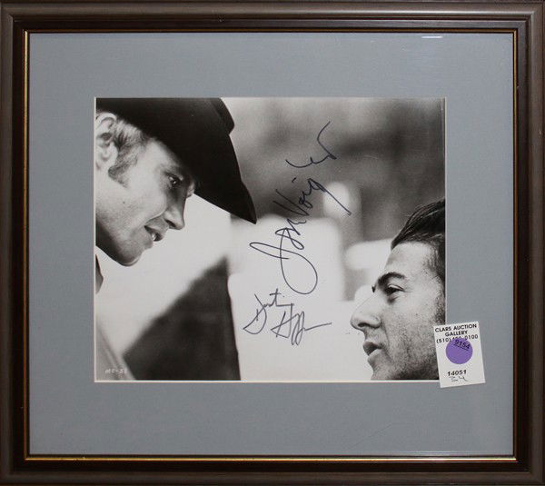 Midnight Cowboy autograph Hoffman & Voight photo: Framed Midnight Cowboy movie still photograph, autographed by Dustin Hoffman and Jon Voight, overall: 14'' x 15.5'', sight: 8'' x 9.5''