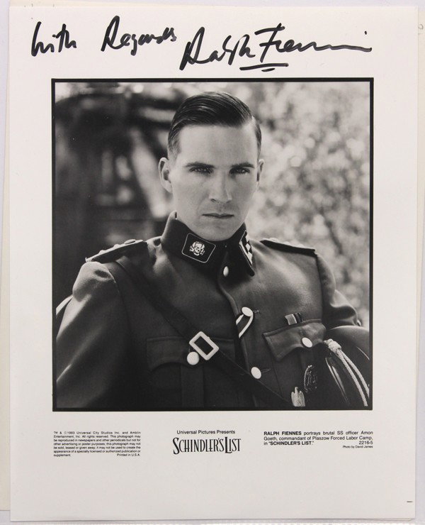 Autographed movie star photographs: (lot of 20) Associated autographed movie star photographs, including Jennifer Jason Leigh, Skipp Sudduth, Scott Baio, Hilary Swank, Robert Vaughn, Kim Hunter, Ralph Fiennes, etc. Each photograph measu