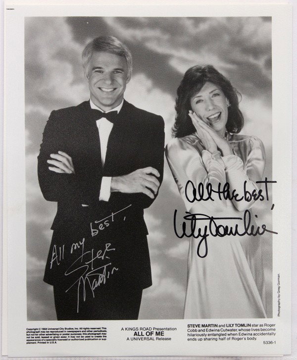 Autographed movie star photographs: (lot of 20) Associated autographed movie star photographs, including John Leguizamo, Steve Martin, Lily Tomlin, John Candy, Carol Lynley, Jack Lemmon, Jane Russell, etc. Each photograph measures 10'' 