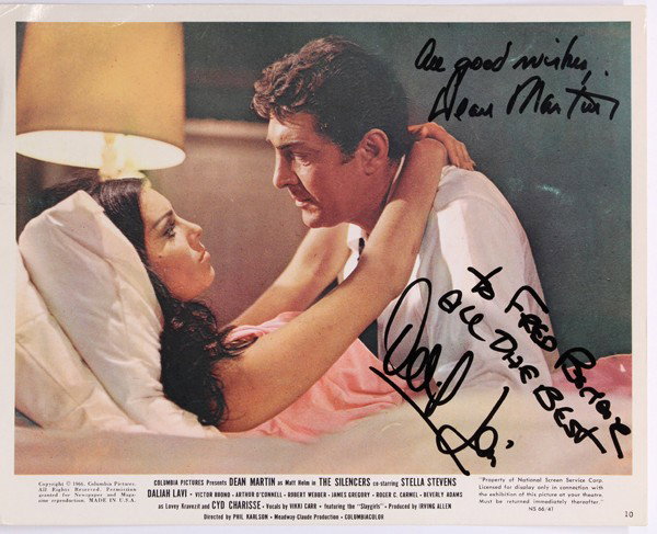 Autographed movie star photographs: (lot of 20) Associated autographed movie star photographs, including Dean Martin, Daliah Lavi, Scott Baio, Buddy Ebson, George Takei, Ed Asner, etc., Worth inspection. Each photograph 10'' x 8''