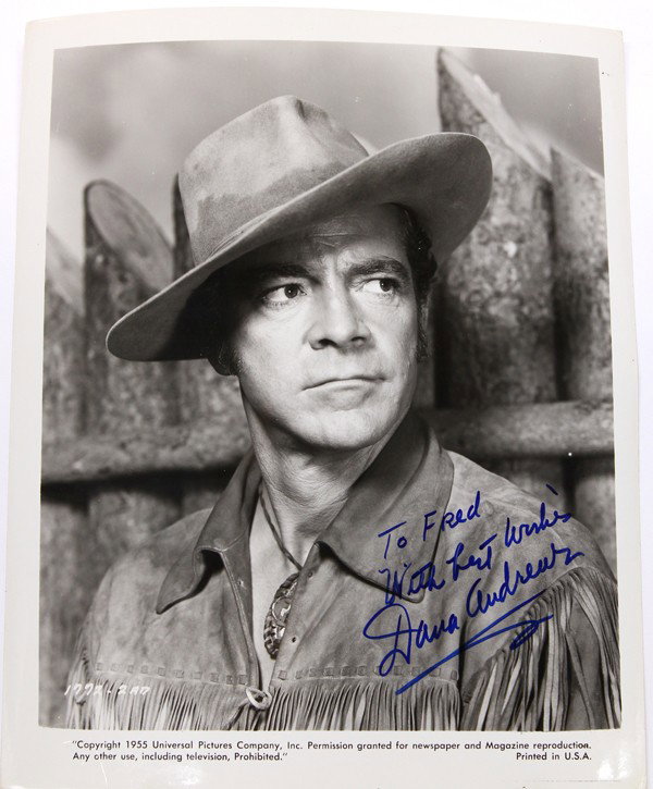 Autographed movie star photographs: (lot of 20) Associated autographed movie star photographs, including Dana Andrews, Philip Abbott, Edie Adams, Muhammad Ali, Kirk Alyn, etc., each photograph 10'' x 8''