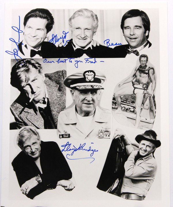 Autographed movie star photographs: (lot of 20) Associated autographed movie star photographs, including Jeff Bridges, Lloyd Bridges, Ellen Burstyn, Mel Blanc, Lauren Bacall, etc., each photograph 10'' x 8''