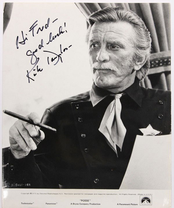 Autographed movie star photographs: (lot of 20) Associated autographed movie star photographs, including 7 of Kirk Douglas, Anthony Edwards, Kathryn Erbe, Chad Everett, etc. each photograph measures 10'' x 8''