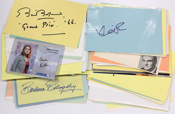 Movie star autographs: (lot of 40+) Movie star autographs, including Stanley Baker, Alec Baldwin, Ina Balin, Martin Balsam, Brigitte Bardot, Donald Barry, Richard Basehart, Warren Beatty, Ed Begley, Fred Beir, William Bendi