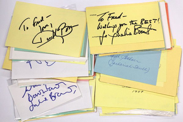 Movie star autographs: (lot of 40+) Movie star autographs, including Bill Bixby, Robert Blake, Beulah Bondi, Dirk Bogarde, Victor Borge, Frank Borzage, Stephen Boyd, Scott Brady, May Britt, James Broderick, Joe Brown, note: